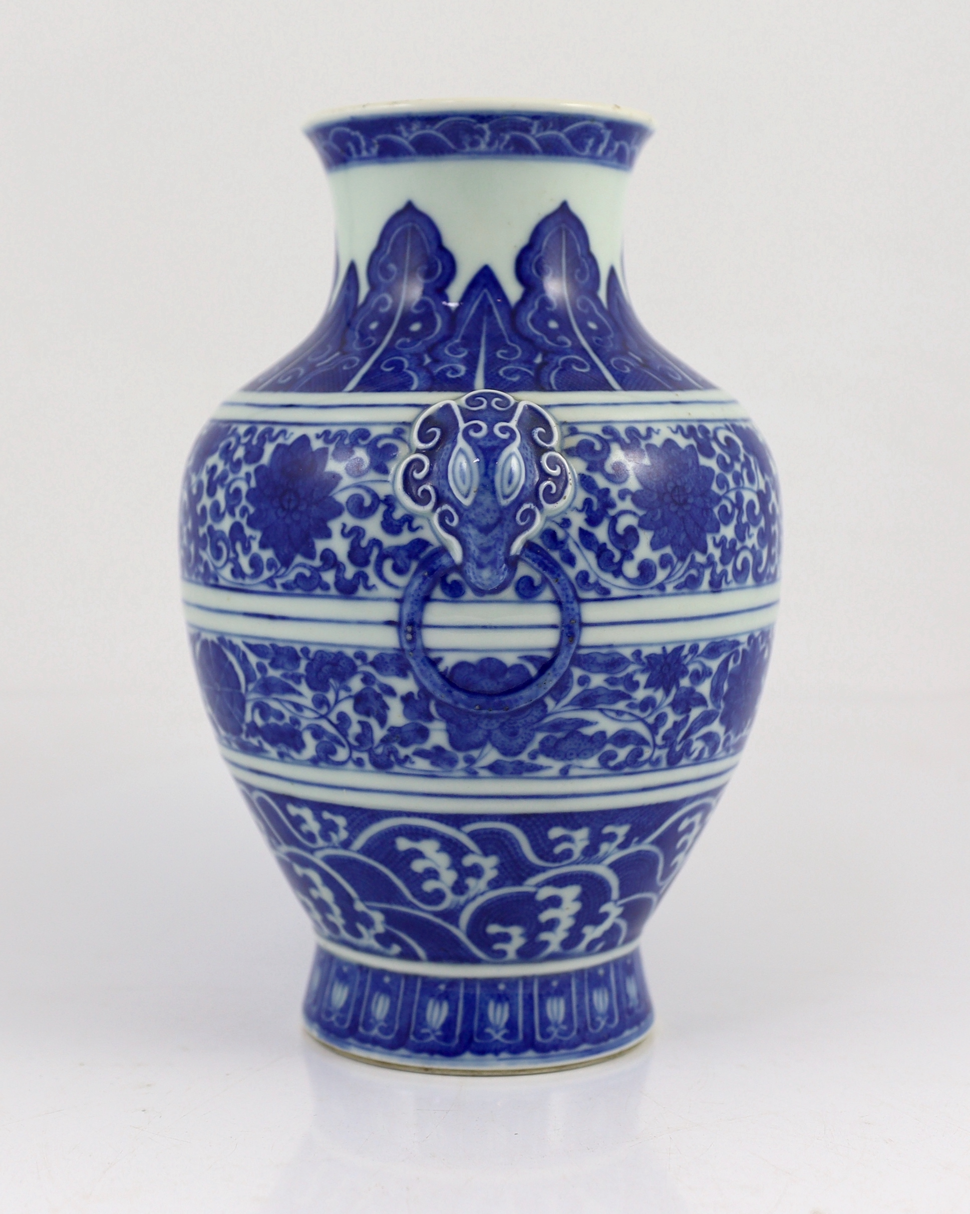 A Chinese blue and white ‘lotus’ vase, hu, Qianlong seal mark but Republic period